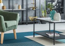 Modern living room with blue rug