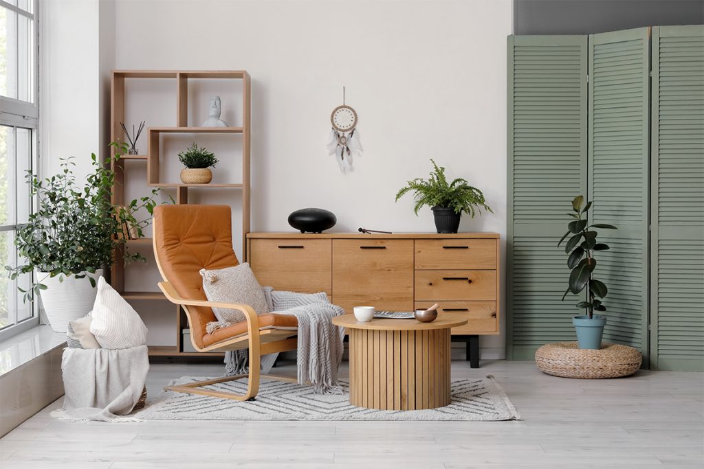 Rugmaker_Interior of living room with armchair, glucophone and Tibetan singing bowl