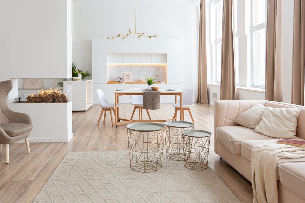 Rugmaker_interior design spacious bright studio apartment in Scandinavian style and warm pastel white and beige colors