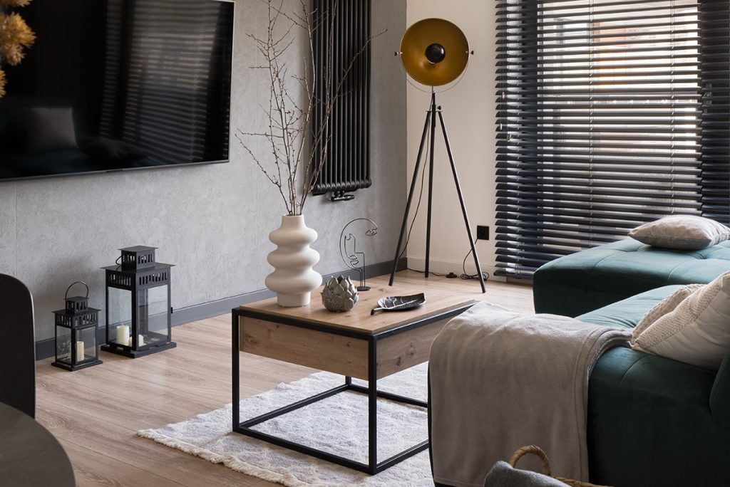 Rugmaker_Modern living room with big tv, stylish furniture and big window with black blinds