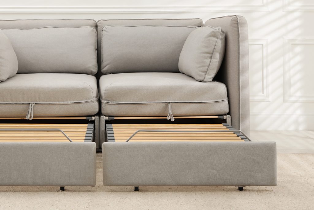 Rugmaker_Sleeper sofa near white wall in room. Additional place for guest