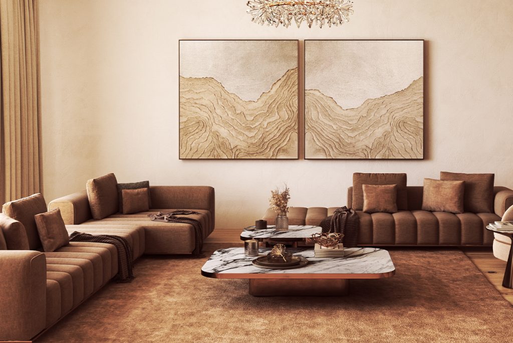Rugmaker_Blog-Piece_Modern earth toned living room with marble coffee tables and crystal chandeliers.