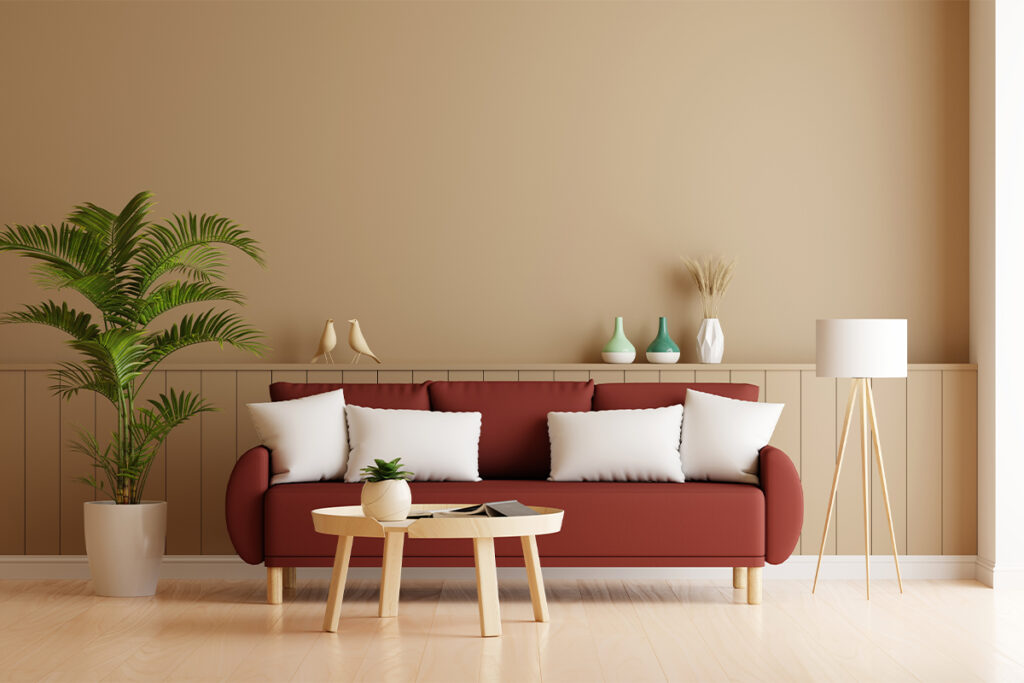 Rugmaker_Blog-Piece-SideImages_Sofa in brown living room with free space for mockup