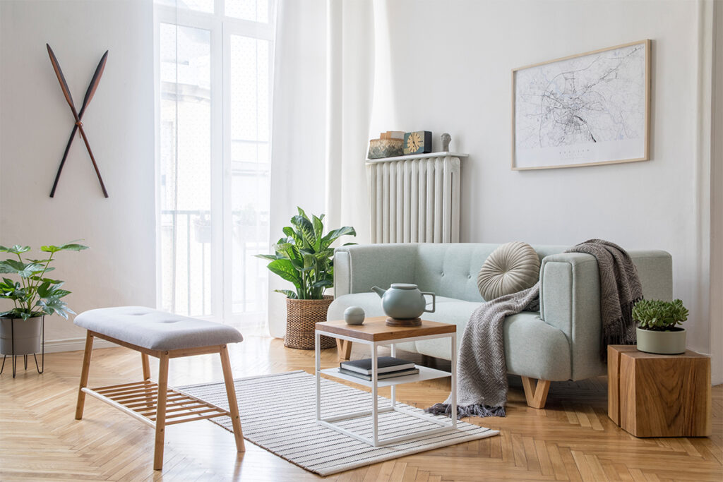 Rugmaker_Blog-Piece-SideImages_Stylish scandinavian living room with design mint sofa,