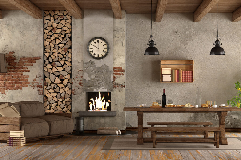 Rugmaker_Blog-Piece-SideImages_living room with fireplace in rustic style with sofa and dining table