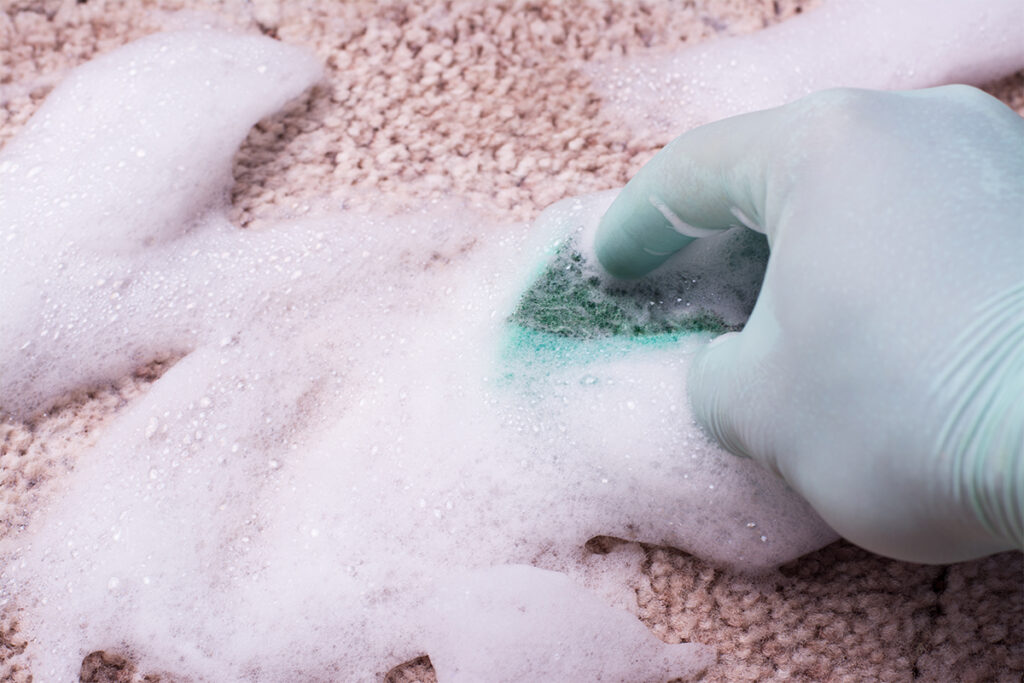 Rugmaker_Blog-Piece-SideImages_Hand in glove cleaning carpet by carpet and upholstery shampoo with a sponge and foam