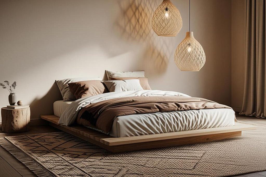 Rugmaker_Blog-Piece_Cozy neutral bedroom interior with platform bed, woven pendant lights, and textured rug creates a ca