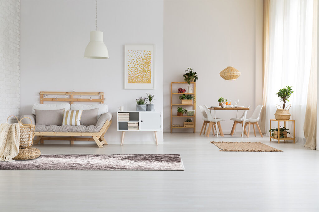Rugmaker_Blog-Piece_White, modern open space with wooden furniture set