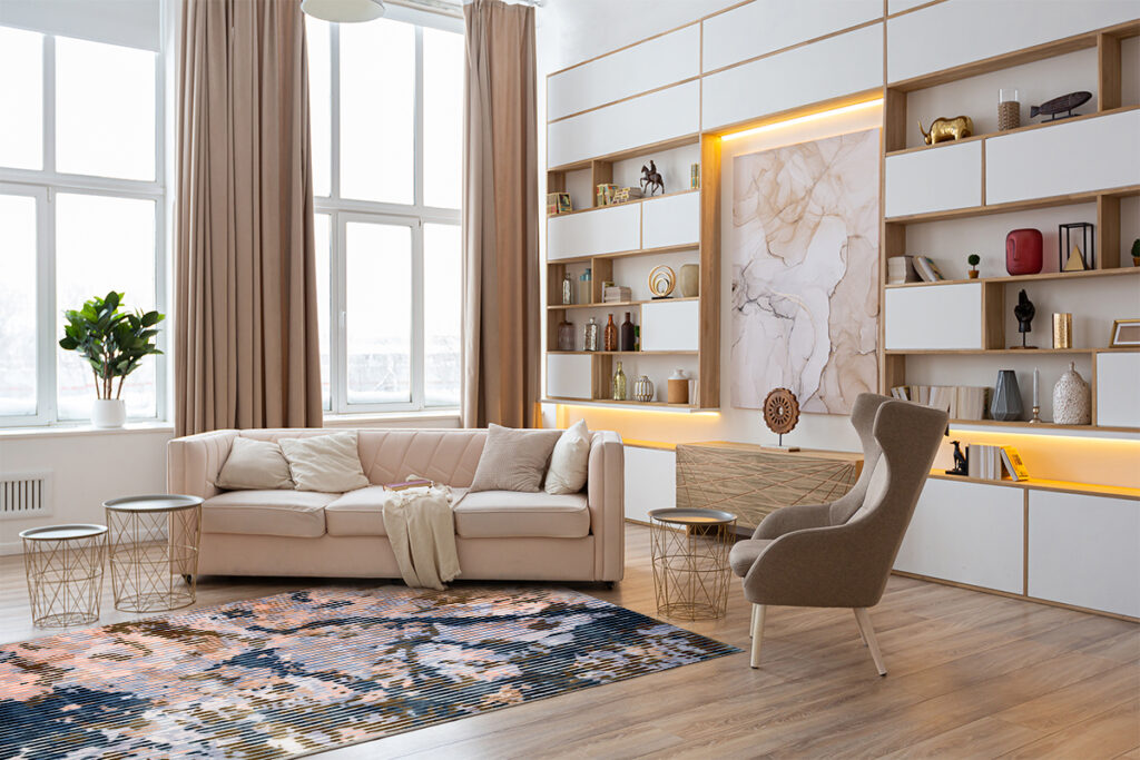 Rugmaker_Blog-Piece_interior design spacious bright studio apartment in Scandinavian style and warm pastel white and bei