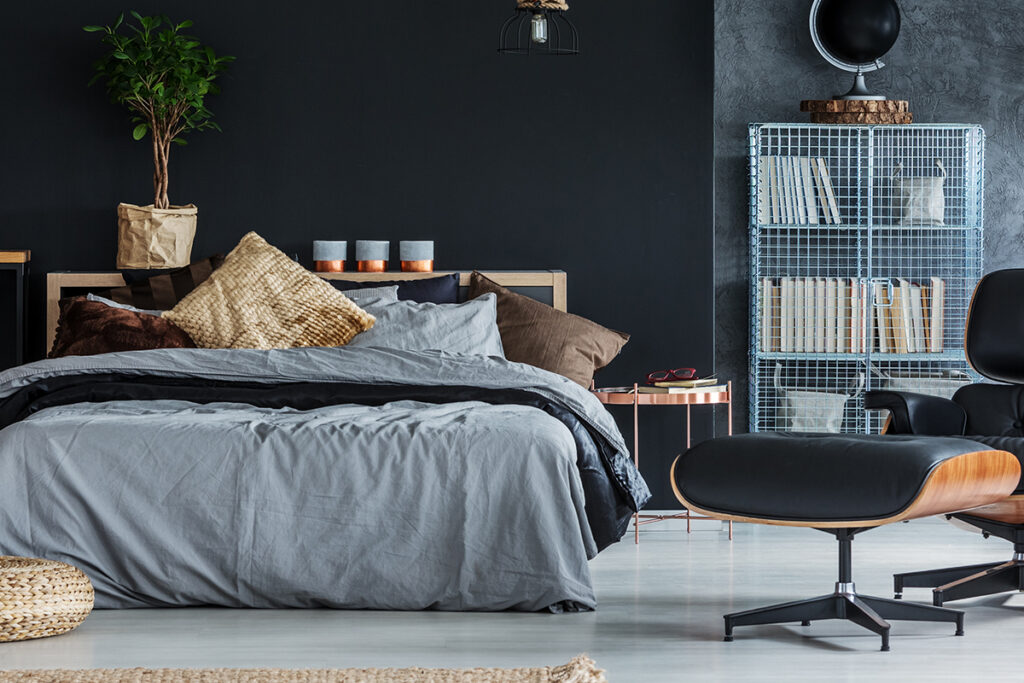 Rugmaker_Blog-Piece_Wicker accessories in black and grey modern bedroom
