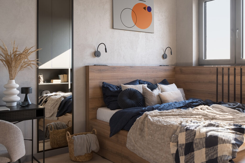 Rugmaker_Blog-Piece_tylish bedroom with cozy bed in wooden fame, big mirror, small window and decorations
