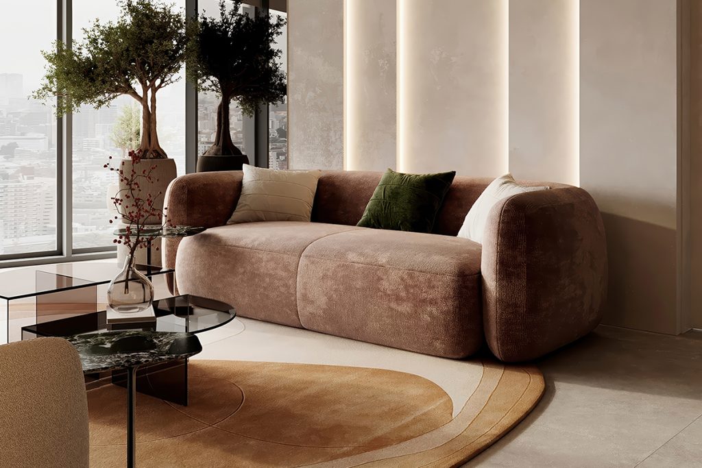 Luxury contemporary living room with curved velvet sofa, sculptural rug, vertical light panels, and panoramic windows.