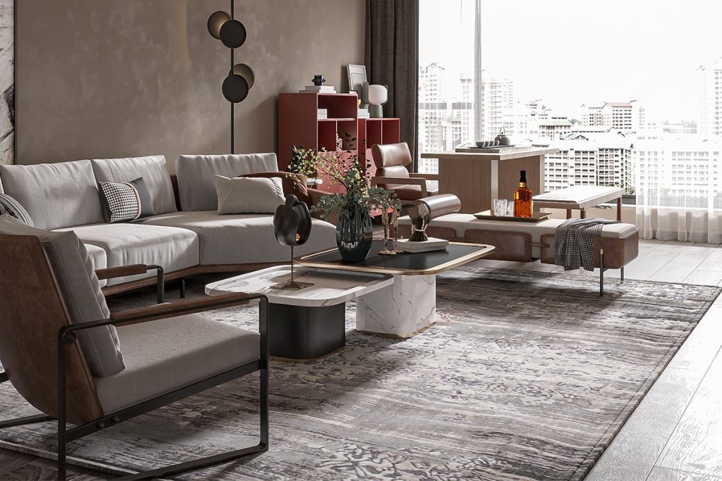 Rugmaker_Blog-Piece_Contemporary Living Room with Large City View, Modern Decor and Artistic Touches