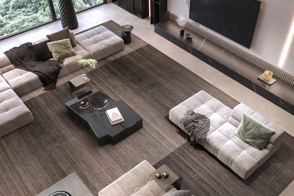Rugmaker_Blog-Piece_Luxury modern interior design featuring an open-plan living room and high-end kitchen with dark marb