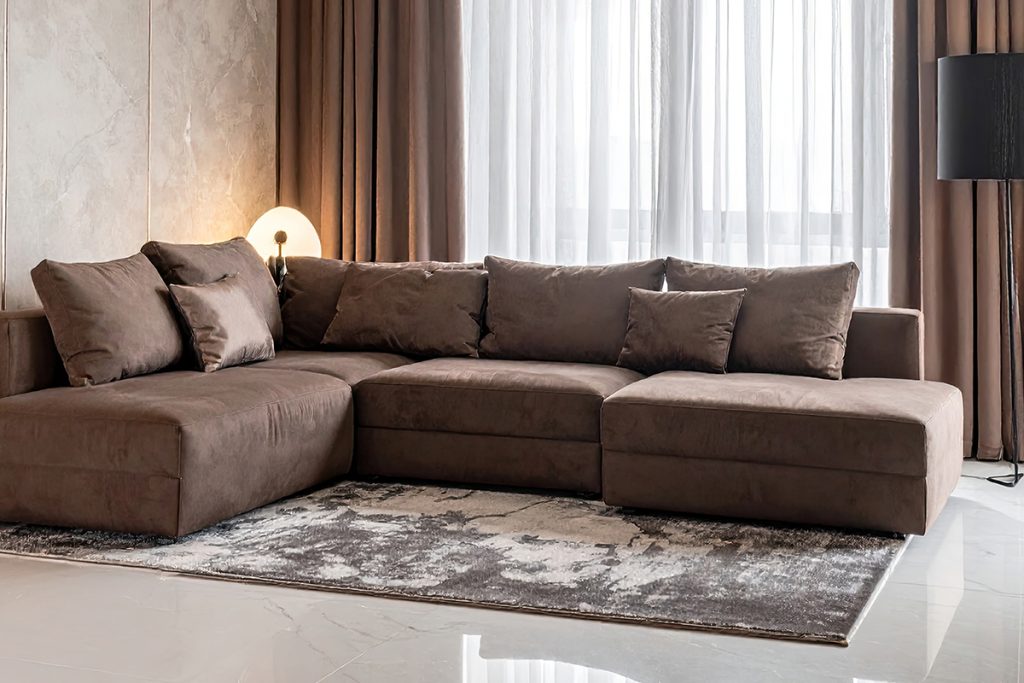 Rugmaker_Blog-Piece_A modern living room features a brown sectional sofa, curtains, a rug, and a lamp near a window.