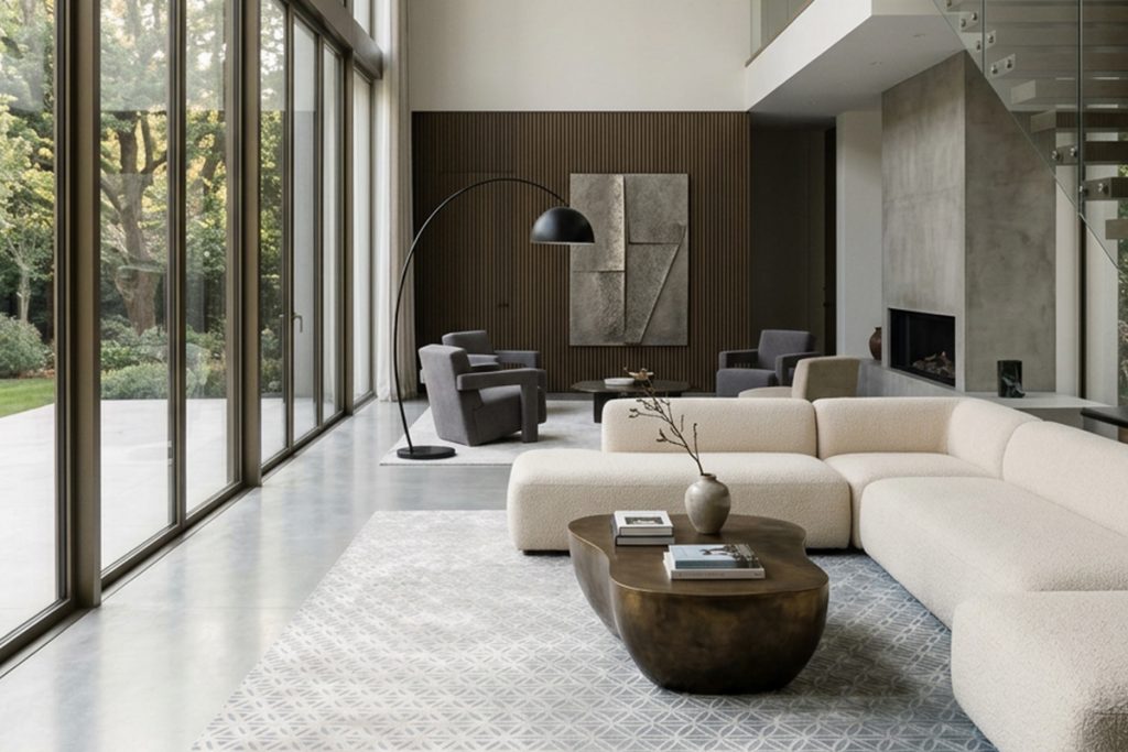 Rugmaker_Blog-Piece_Luxury modern interior design featuring an open-plan living room and high-end kitchen with dark marb