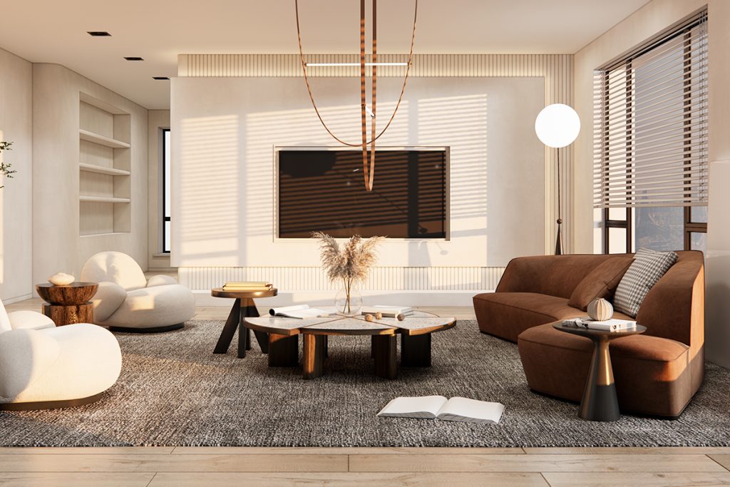 Rugmaker_Blog-Piece_Modern Luxury Living Room Interior with Brown Curved Sofa, TV Mockup, and Elegant Pendant Lighting