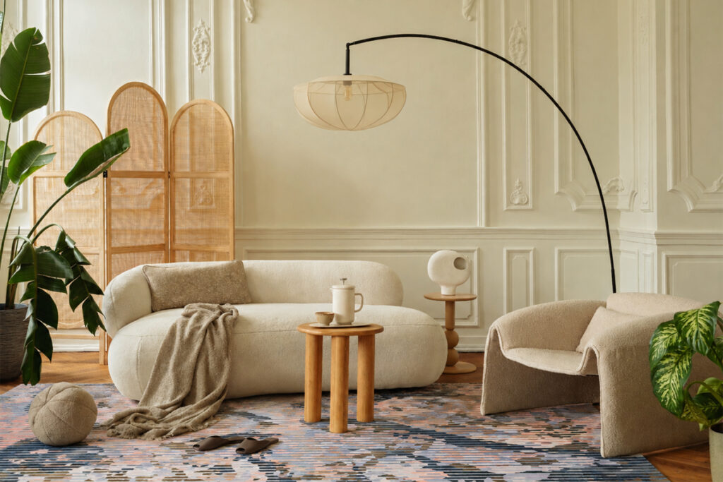 Rugmaker_Blog-Piece_Elegant Neutral Living Room Interior with Modern Furniture and Decorative Wall Panels, Cozy Home Dec